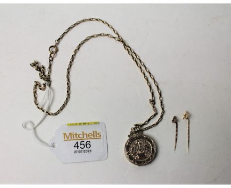 Yellow metal chain and gold coloured Masonic pendant and two yellow metal Masonic stick pins 