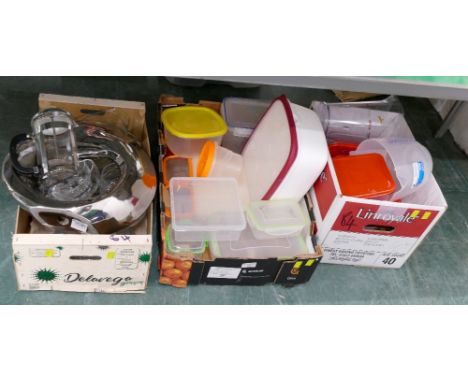 Three boxes of glassware, ornaments, vintage Pyrex and plastic storage containers 