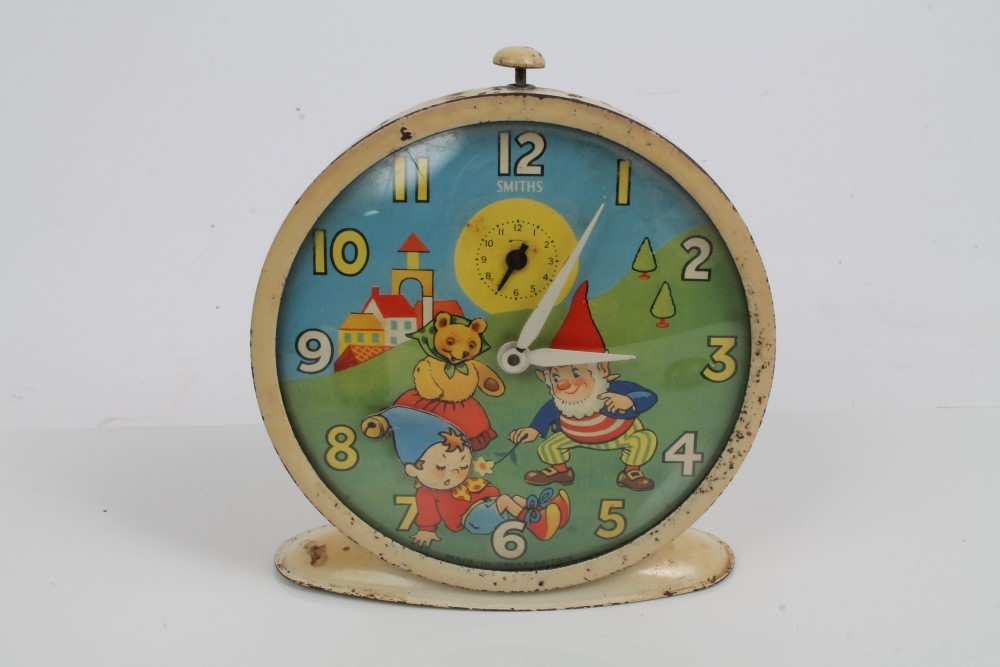 Smith Noddy alarm clock with moving Noddy head, Smith's Scout Jamboree clock with moving arm, 193