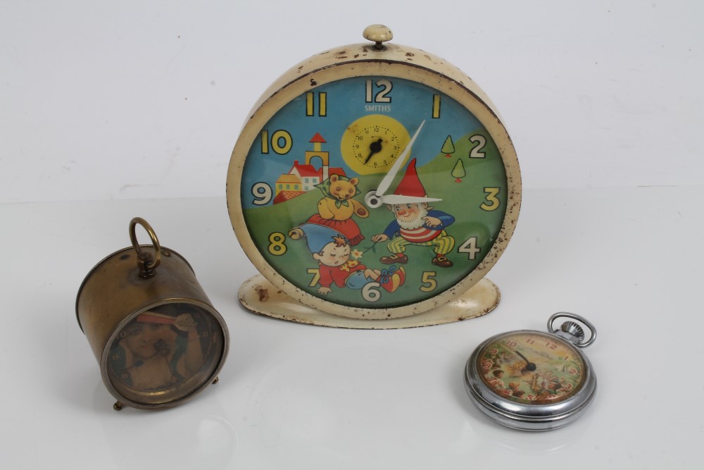 Smith Noddy alarm clock with moving Noddy head, Smith's Scout Jamboree clock with moving arm, 193