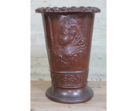 A late Victorian salt glazed pottery stick and umbrella stand, in commemoration of the Queen's Diamond Jubilee 1897 and mould