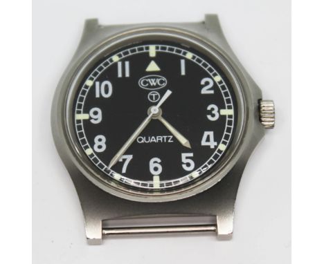 A 1982 CWC (Cabot Watch Co) G10 British Army issue stainless steel military wristwatch with Arabic numerals on a signed black