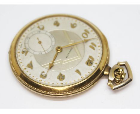 A Presco art deco gold plated pocket watch with signed champagne stylised dial, Arabic numerals and hands in gold tone and se