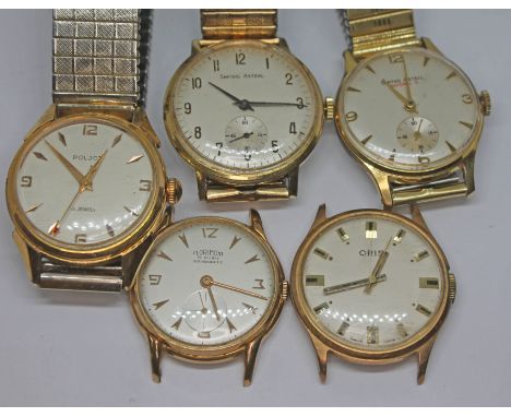Five gold plated vintage mechanical manual wind wristwatches to include two Smiths Astral with seconds sub dials, a Florimont