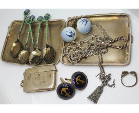 A mixed lot of mainly hallmarked silver comprising a cigarette case, a vesta case, five enamelled teaspoons, together with tw