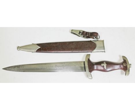 A German WWII Third Reich SA dagger, the brown wooden handle with inlaid 'SA' logo and swastika, guard marked 'NS', the doubl