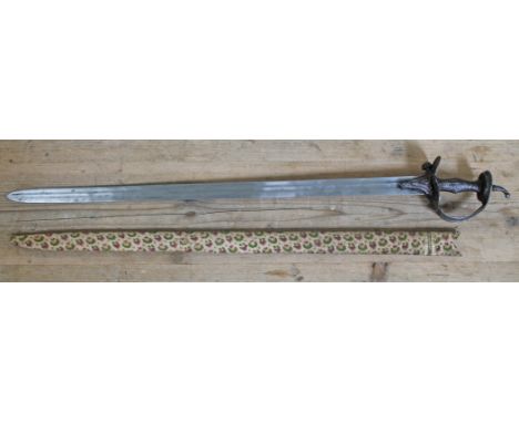 An Indian 18th/19th century sword, open work guard, double fullered blade and cloth bound wooden scabbard, blade length 78cm.