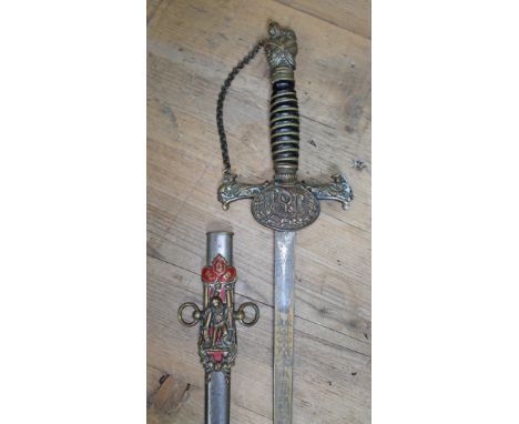 A Knights of Pythias ceremonial sword and scabbard, the guard monogrammed 'FCB', the etched blade inscribed 'George Peckham',