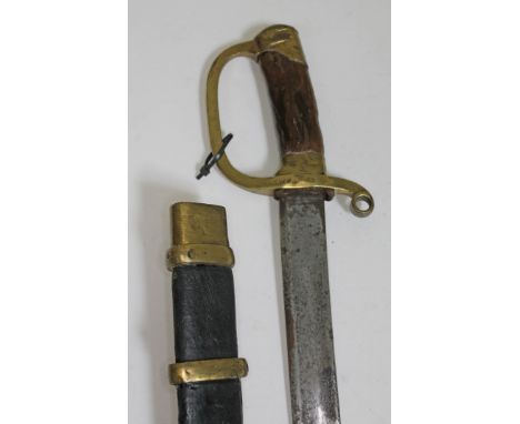 A Russian Imperial shaska, blade length 84.5cm, leather and brass bound wooden scabbard with bayonet holder, length 103cm.Con