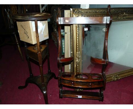 A George III mahogany gentleman's shaving stand, on tripod base, h.77cm; together with a fruitwood hanging wall shelf (2)