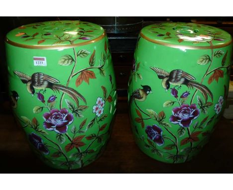 A pair of contemporary Chinese style painted ceramic barrel garden seats, each h.44cm