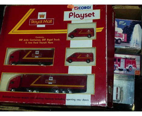 Three boxes containing a quantity of mixed diecast, to include Corgi Toys Royal Mail gift set, various fire engine and public