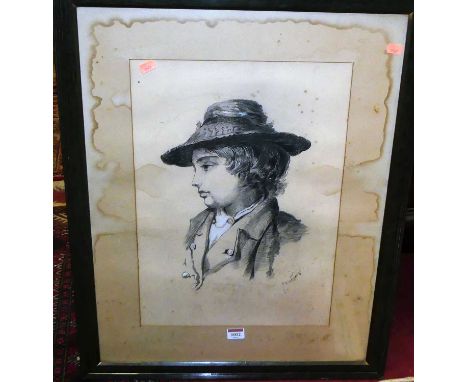 J Watson - Profile portrait of a boy, charcoal heightened with white, signed lower right, 48 x 35cm