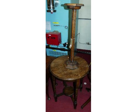 An early 20th century octagonal oak ashtray stand, height 80cm, together with an early 20th century circular oak bobbin turne