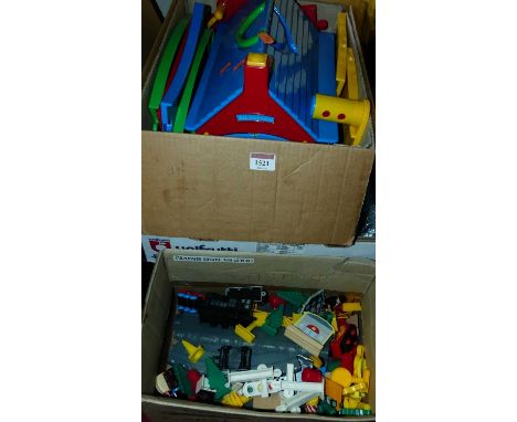 Two boxes containing a quantity of wooden and plastic toys, to include Thomas the Tank Engine 
