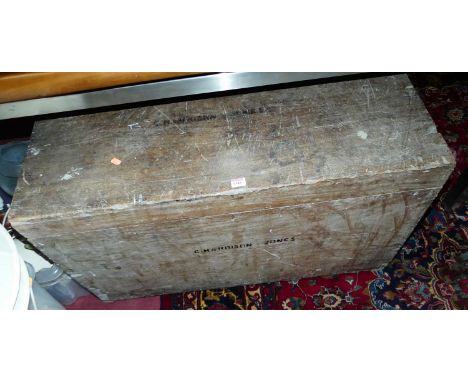 An early 20th century hardwood tool chest, with iron end carry handles, w.97cm