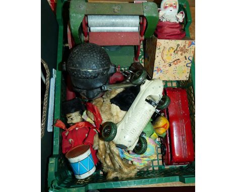 One tray containing a quantity of mixed mainly tinplate and diecast related toys, to include a Mettoy clockwork four-wheel ra