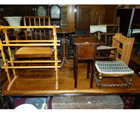 A group of occasional furniture, to include two stools, Edwardian bedroom chair, 19th century mahogany elbow chair, two tripo