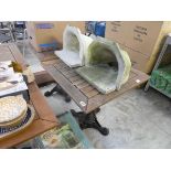 2 square wooden top outdoor tables on cast iron bases