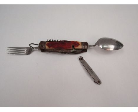 A horn carved multi-tool penknife to include fork and spoon, together with another (2)