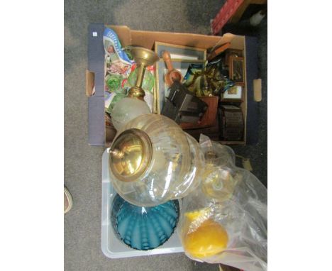 Two boxes of assorted items including oil lamp style lamps, glassware, pictures, clock etc. 