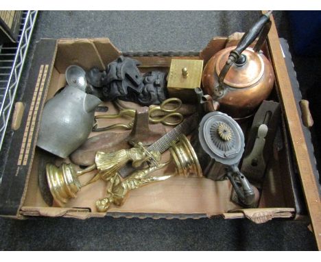 A box of mixed metalware including brass figures, teapots, tools, etc 