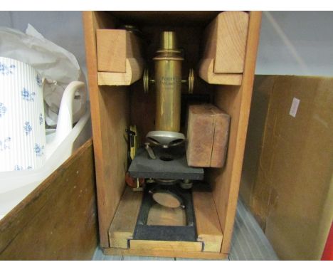 A vintage F. Koristtia Milano N. 30549 microscope, brass and steel in wooden case 