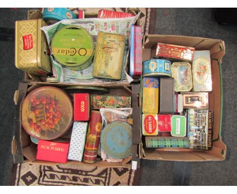 Three boxes of vintage tins including tobacco, biscuits 