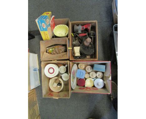 Five boxes of kitchenalia housed in vintage boxes including Oxo, Sailor Salmon, etc.  Pestle and mortar, storage jars, etc 