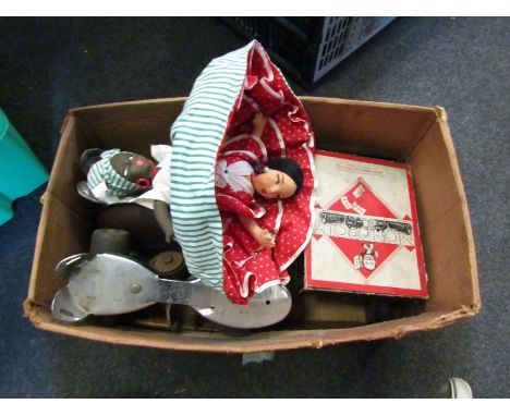 A mixed lot including vintage roller skates, Spong mincer, scales, Monopoly, reversible doll, two 19th Century hand-coloured 