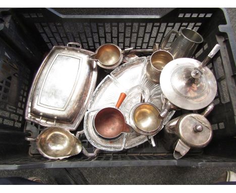 A box of plated wares including hors d'oeuvre dish, serving dish, teapot, sugar and creamer etc 