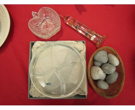 A French crystal dish, glass Galileo thermometer, glass apple dishes and a basket of pebble candles 