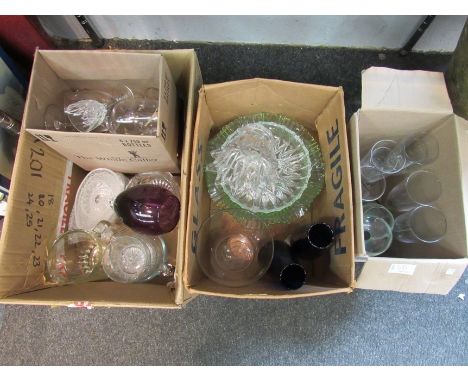 Three boxes of glassware to include; glasses, bowls, etc. and three modern table lamp bases 