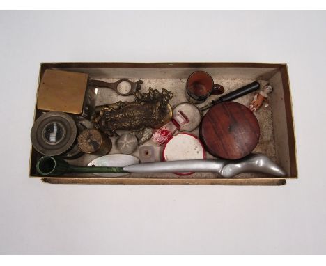 A small box of mixed bijouterie including magnifying glass with carved mother-of-pearl case, owl door knocker, small peg doll