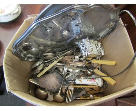 A box containing a quantity of plated wares and flatware including a silver collared walking stick 