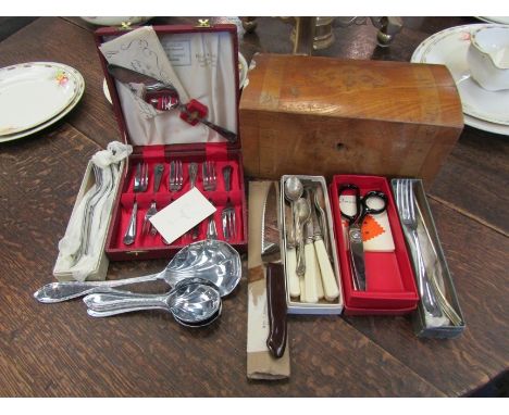 A mixed lot including boxed pinking shears, barrel top wooden box, cut glass inkwell, assorted pre-decimal coinage and plated