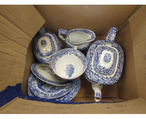 A small box of Spode "Italian" wares including small teapot and one other, trio, milk jug and crumb tray marked "Who burnt th