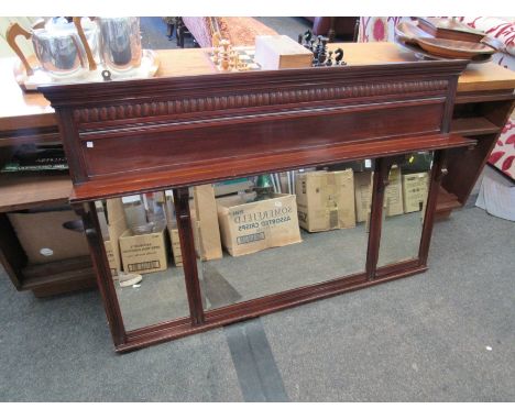 A mahogany framed overmantel mirror with triple panel bevelled glass 