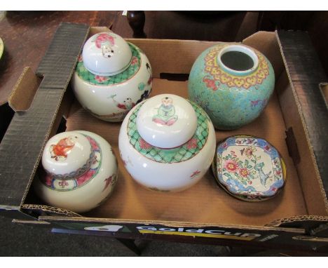 A box containing three Oriental ginger jars with lids and one without, four enamel dishes 