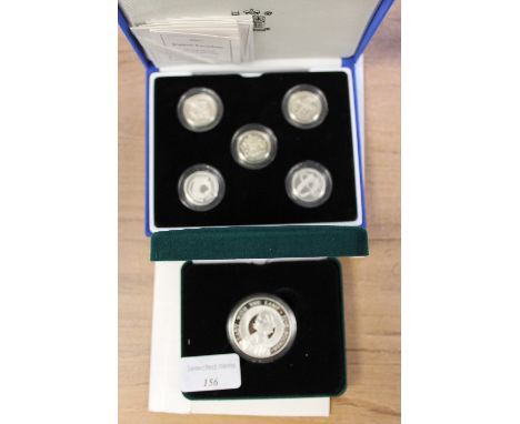 A Silver proof one pound coin collection 2003 - 2007, together with a silver five pound coin - Lady with the lamp, all parts 