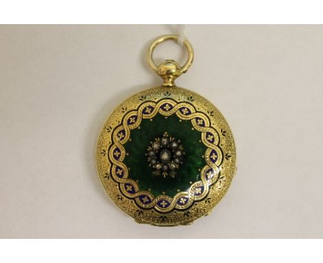 An 18ct gold fob watch set with diamonds in coloured enamel, decoration to both outer cases. CONDITION REPORT: Good condition