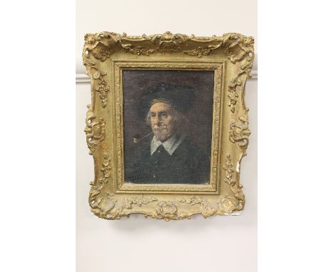Late nineteenth century school : A portrait of a man smoking a pipe, oil on canvas, 15cm x 20cm, framed.