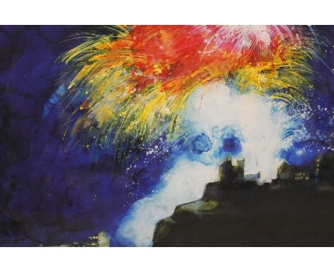 Ann Oram : Fireworks over Edinburgh, colour lithograph, signed in pencil, 87cm x 58cm, framed.