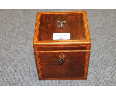 A Victorian inlaid mahogany square tea caddy, with key, width 12.5 cm. CONDITION REPORT: Good condition and with internal lid