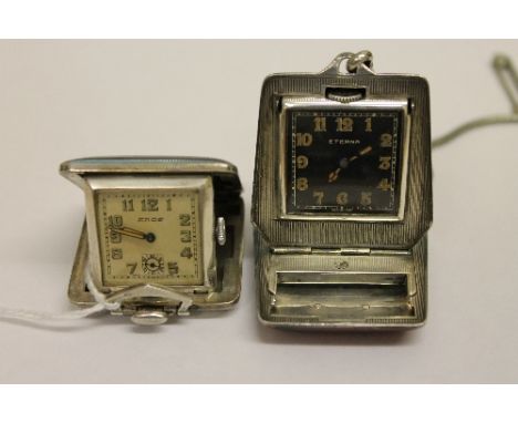 Two silver travelling watches, one by Eterna with red lacquered decoration, the other by Eros. (2)