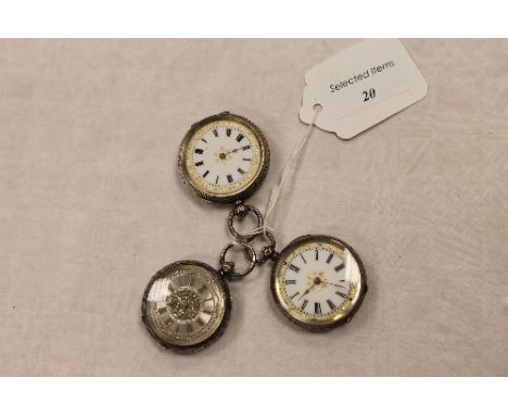 Three silver fob watches. (3) CONDITION REPORT: Two with gilded enamel dials. Probably early twentieth century stamped 0.935.