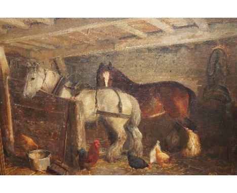 R. Sayer : Two horses with hens in a stable, oil on board, signed, dated '21, 44cm x 60cm, framed. 