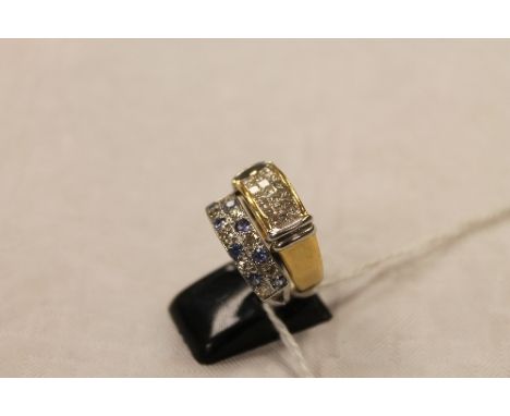 An 18ct gold diamond square set ring, together with a diamond and sapphire ring mounted in white metal. (2) CONDITION REPORT: