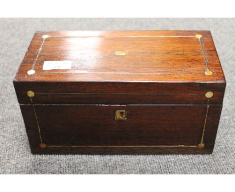 A Victorian rosewood tea caddy, inlaid with mother of pearl, width 27 cm. CONDITION REPORT: Mostly good condition, some time 