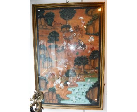 A LARGE INDO-PERSIAN PAINTED WALL HANGING of a hunting scene (framed)